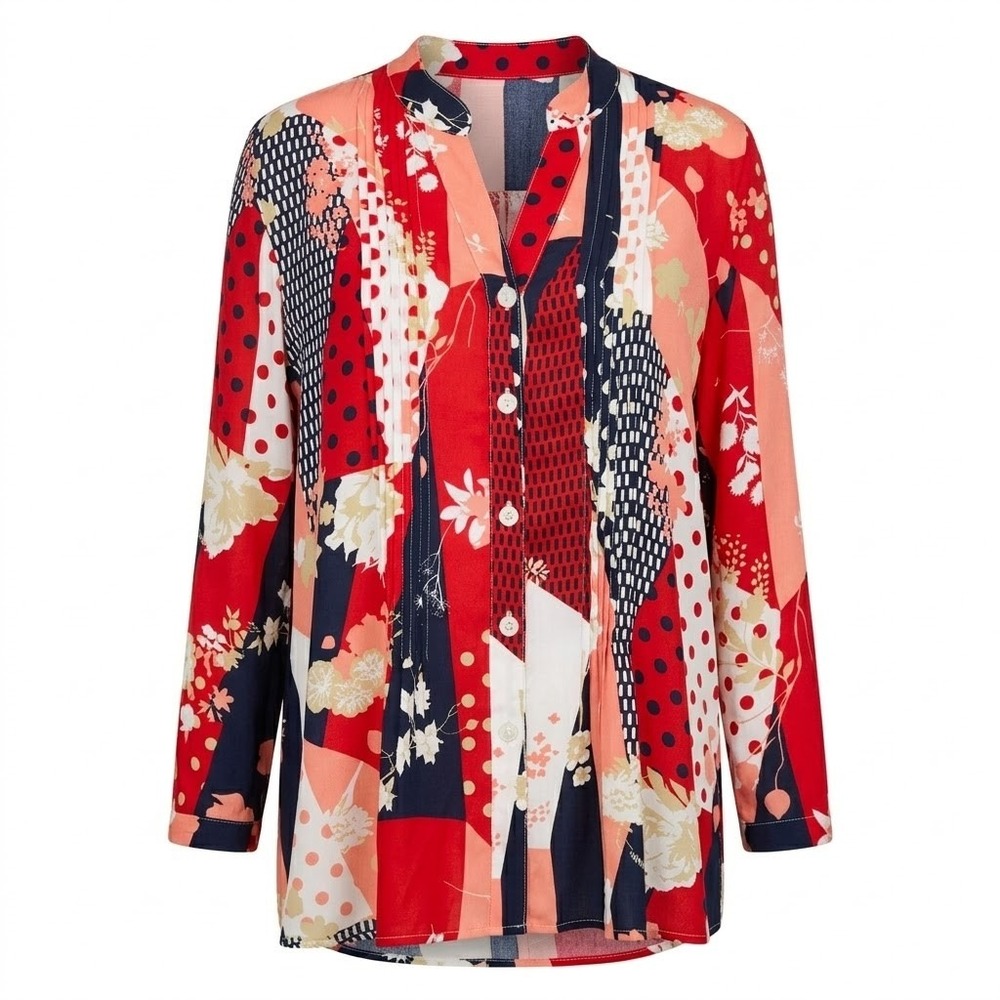Drapers & Damons Women's LARGE Red Patchwork Floral Pleat Front‎ Tunic Top